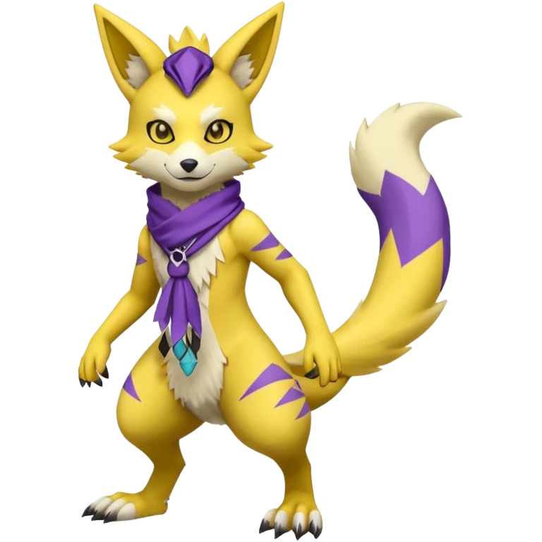 Furry Anthropomorphic Yellow Renamon-Zeraora-Toxtricity-Lombax-Pokémon-Digimon-Fakémon-fusion with purple markings, and facial markings, black bandanna scarf (full body) emoji