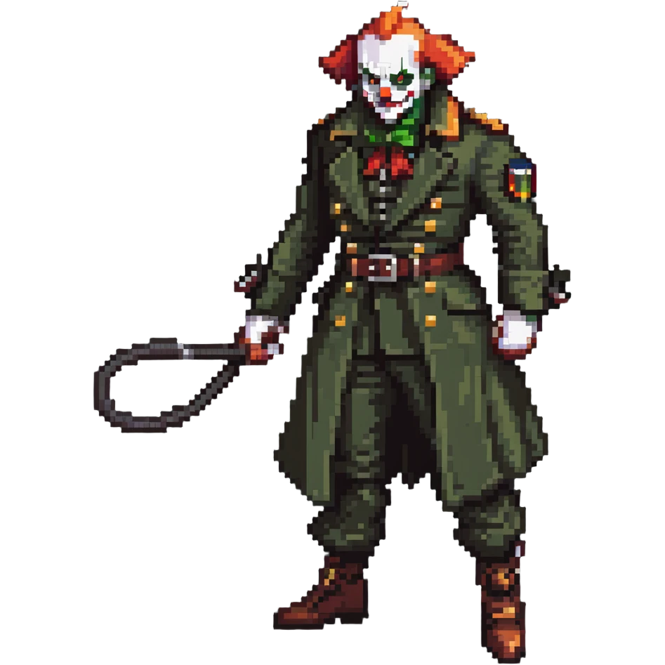 evil clown soldier, bald, small black horns on forehead, fangs, pointed ears, eye patch over one eye, long coat over black and military green clothes with bellbottom pants, tail, holding an Indiana Jones-style whip, realistically proportioned, less bulky, full body, fighting stance emoji