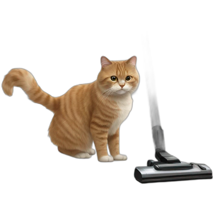 fluffy cat stands on its hind legs and vacuums dust with a vacuum cleaner emoji