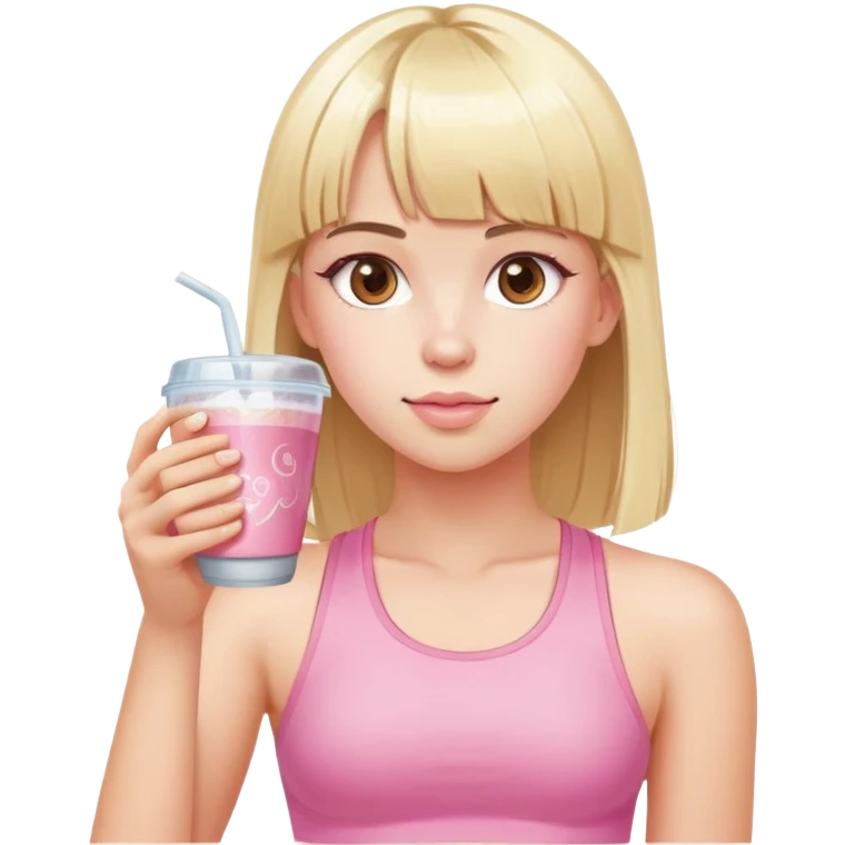 chica con un top rosa de gimnasio y pelo rubio con flequillo tomándose un café en un vaso transparente con hielo  emoji