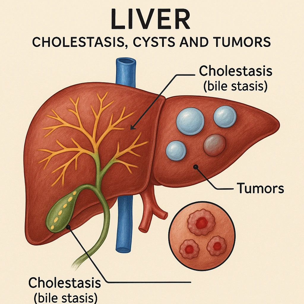 medical diagram of liver showing cholestasis (bile stasis), cysts and tumors, each problem represented with different colors and symbols, detailed and educational medical illustration style emoji