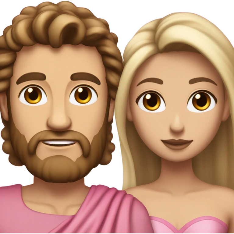 A handsome pale Greek god man who has long brown hair and tanned skin with a pretty black skinny tall model woman who has long voluminous brown & blonde highlights hair  and she is wearing a pink dress and they are a couple emoji