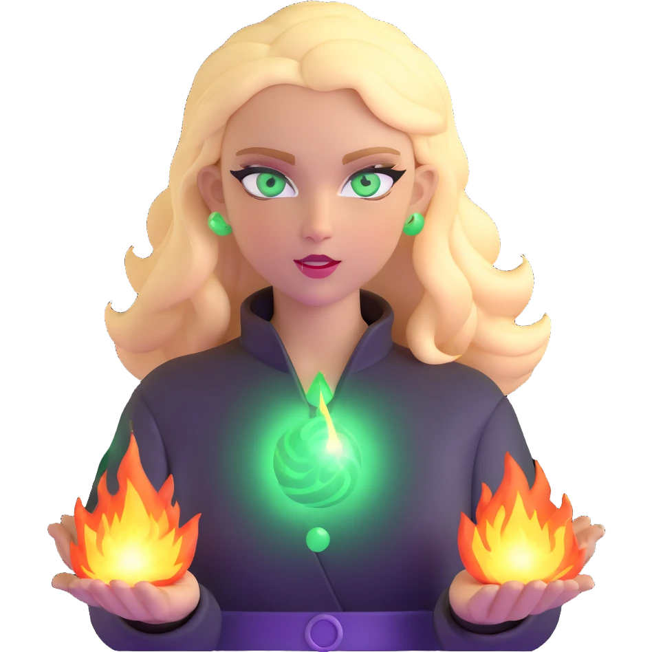 blonde woman with green eyes, fireballs and magical effects emoji