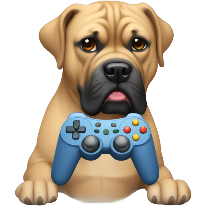 light colored bull mastiff with controller in hands emoji