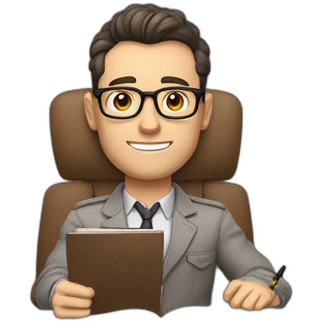 Pale skinned Fit Man With dark brown hair in gray jacket, beige office shirt and vintage glasses sitting In a soft chair with a notebook with emblem Ψ and a pen in his hands emoji