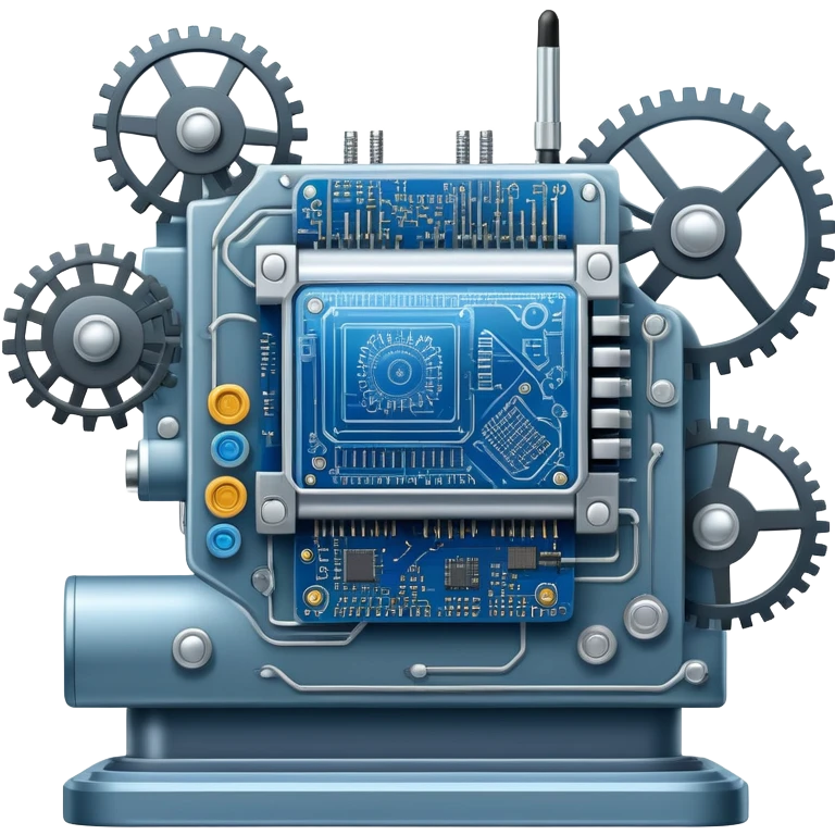 An icon featuring a giant machine soldering a huge microchip, symbolizing engineering. The design includes mechanical gears, circuit boards, and a blueprint, representing the precision and innovation in designing and building technology. Transparent background highlights the art of engineering emoji