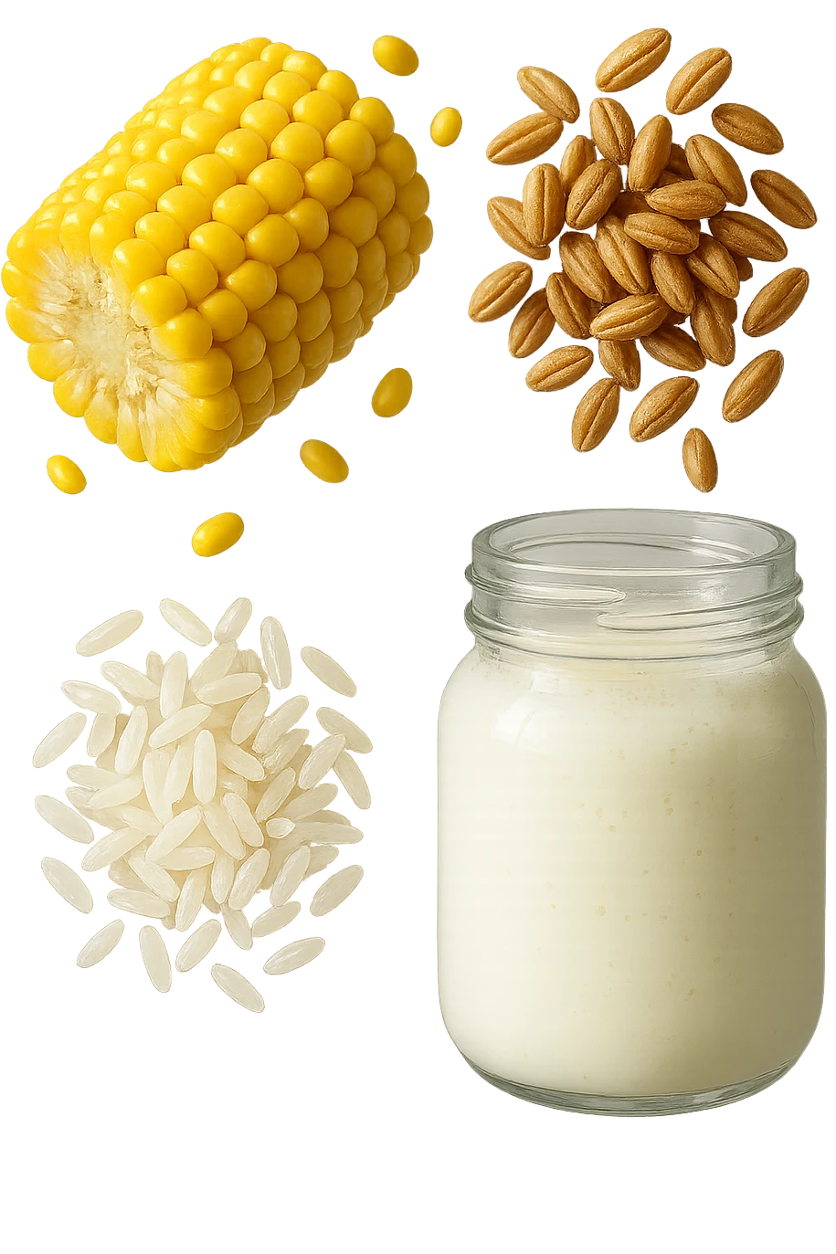 MAIS, FARRO, RISO, KEFIR FLUTTUANO IN ARIA, IPERREALISTICO 4K emoji