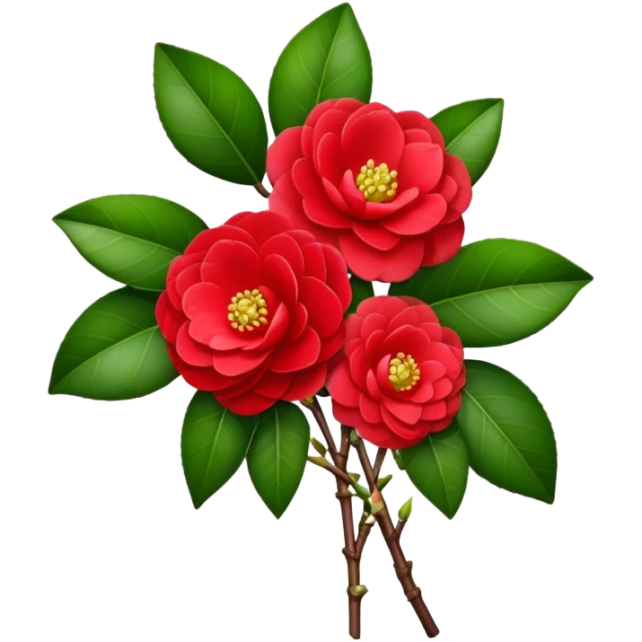 bouquet Red Camellia, luxuriant, stem, leaf, bud emoji