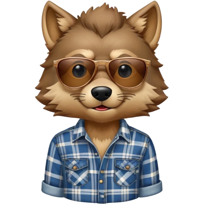 head and shoulders friendly brown-furred anthropomorphised wolf in plaid shirt and jeans, wearing dark sunglasses, upright pose emoji