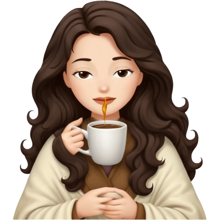 Pretty lady with a long wavy dark brown hair inside a cream blanket sipping coffee eyes closed emoji