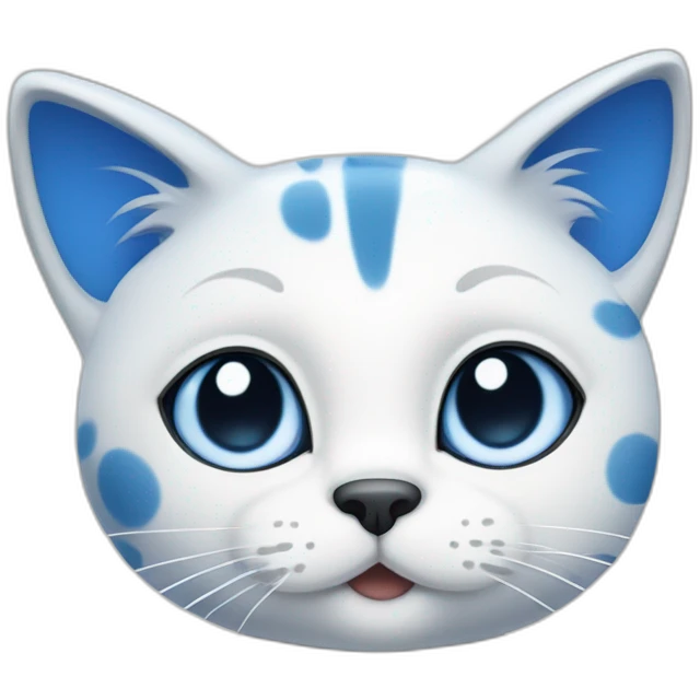 spotted blue and white cartoon cat with a blue right ear, and a spot around the right eye, and the left side is white emoji