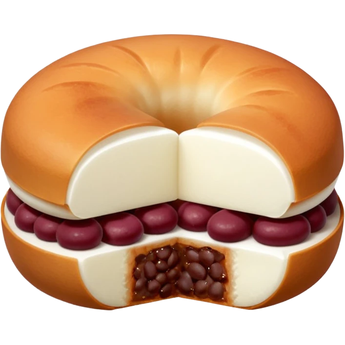 A soft round mochi cut in half, showing the filling inside (red bean paste or pink/white filling), outer layer is white and slightly stretchy-looking, smooth and pillowy texture, simple flat design style, centered on transparent background.
 emoji