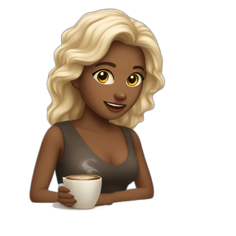 Mujer blana y joven con cabello melena con MacBook y un cafe emoji