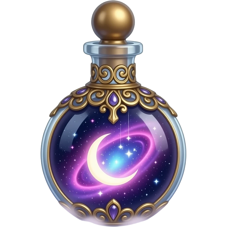 ornate glass vial with metallic filigree, swirling cosmic nebula inside, glowing purple‑pink‑blue light, crescent moon and tiny stars suspended in liquid, resting in soft mist, ethereal magical atmosphere emoji