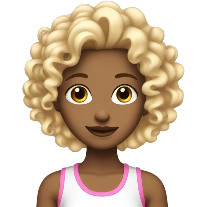 A girl with curly blonde hair with pink streaks in her hair wearing a white tank top ￼ emoji