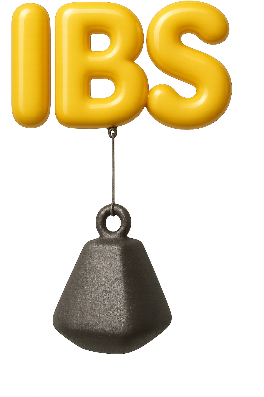 emoji stile iphone della parola "IBS" sospesa in aria con zavorra attaccata sotto che la fa cadere per il peso, iperrealistico 4k emoji