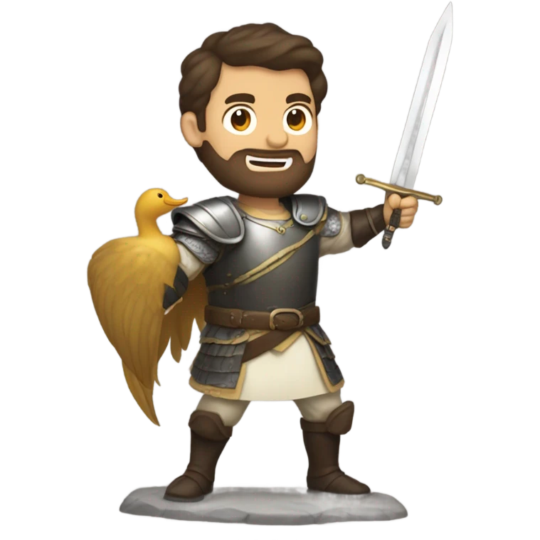 Confident armored White Man with dark brown hair and a short beard pointing forward with one arm holding a sword and yelling a battle charge while riding on the back of a giant duck emoji