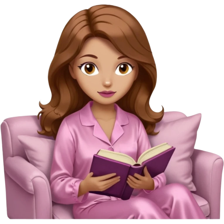 Woman with light tanned skin reading a book on Beige sofa. Long wavy medium brown hair. Beige ivory colour background. Very pale pink silk pyjamas. Realistic. Foxeye with long lashes. Pinky mauve lips. emoji