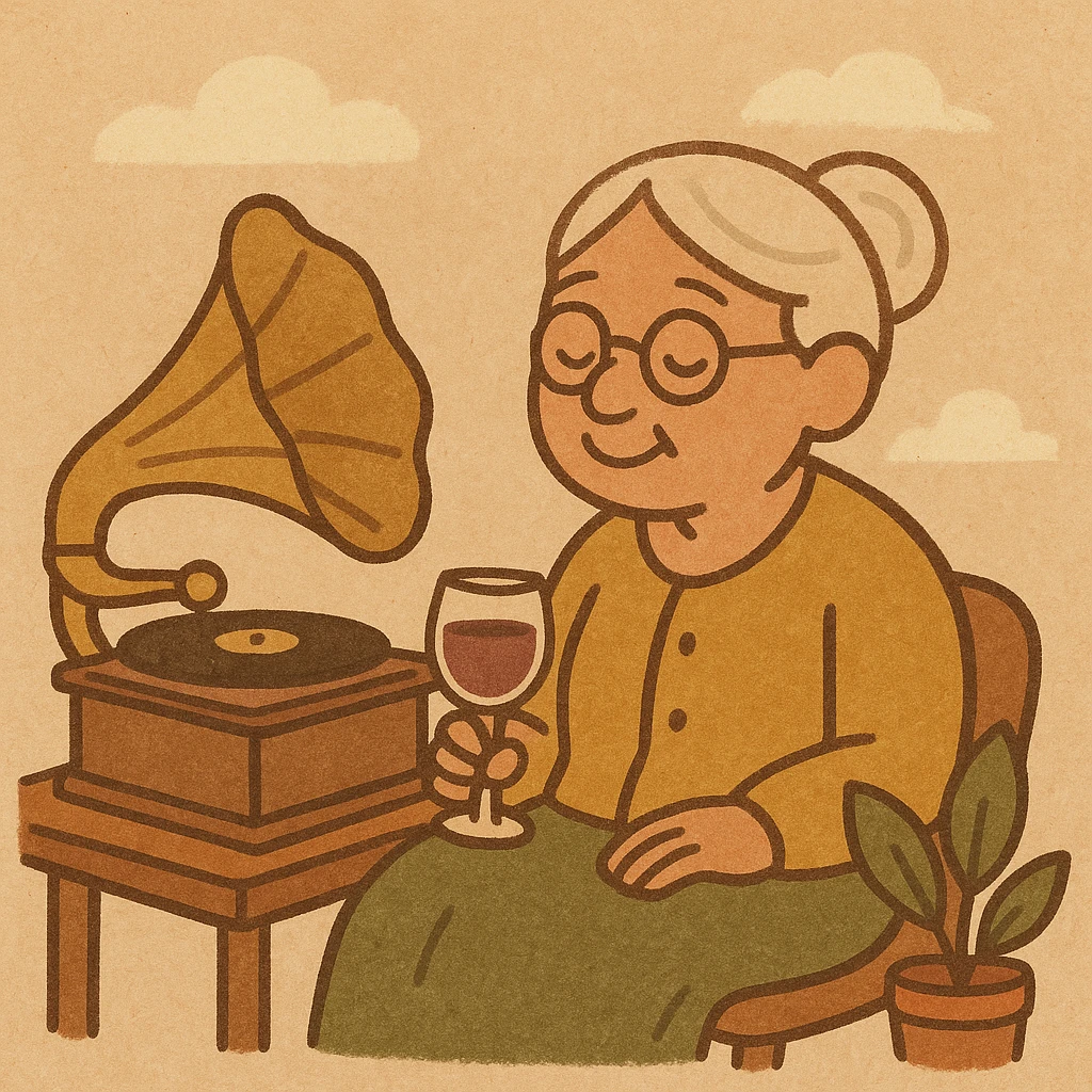 old lady with wineglass listening to gramophone emoji