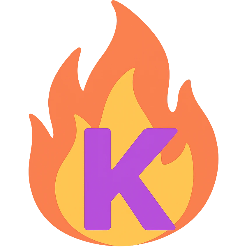vibrant letter 'K' in color surrounded by stylized fire exaggerated to look dramatic and expressive emoji