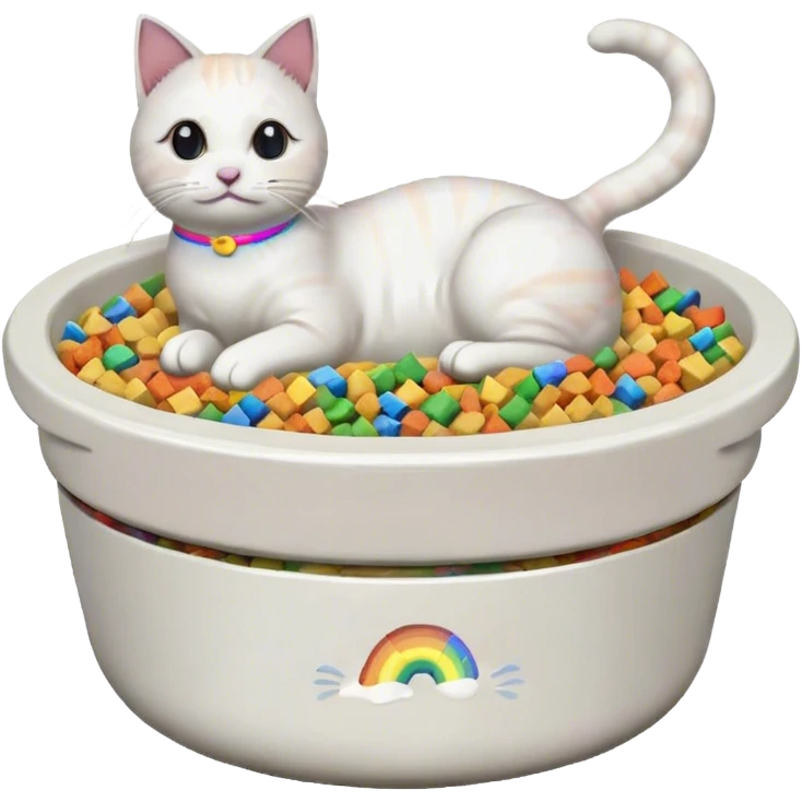 in the style of pixel art, make a cat pet food bowl for a cat. In the bowl is white cat food which is piled so high on top of the bowl. There are small pieces of rainbow food in the bowl too emoji