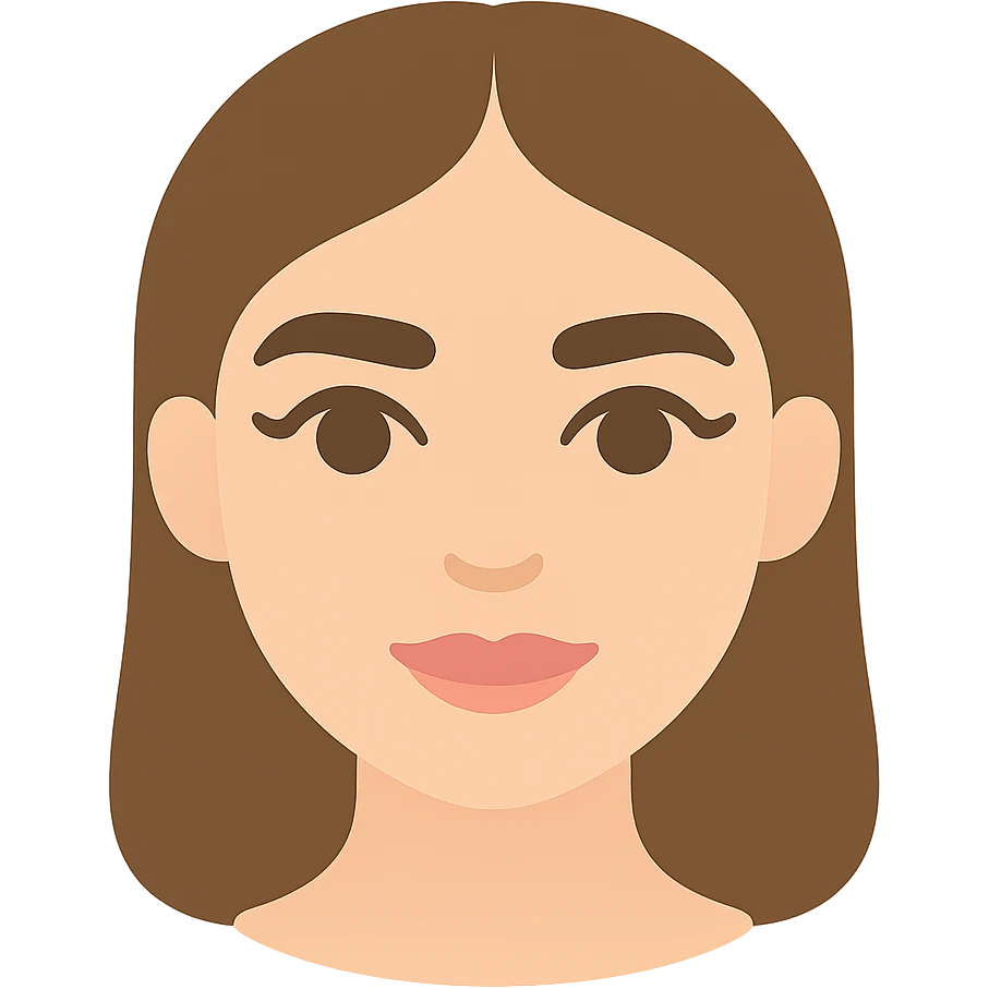 pretty girl with thick eyebrows, straight brown hair and brown eyes, curled eyelashes, color icon emoji