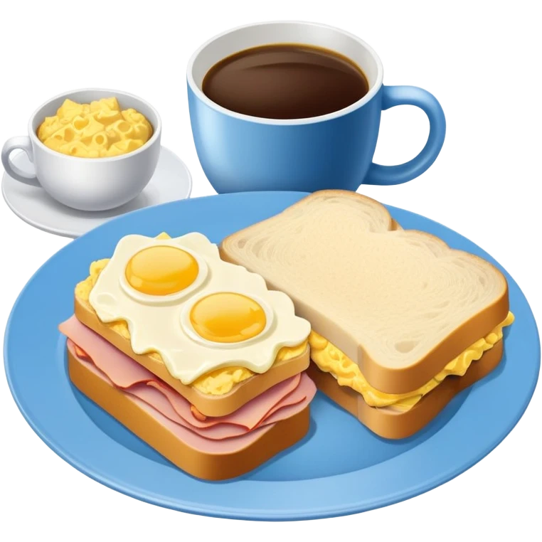 a blue breakfast plate, a sandwich with ham and scrambled eggs and a cup of white coffee emoji