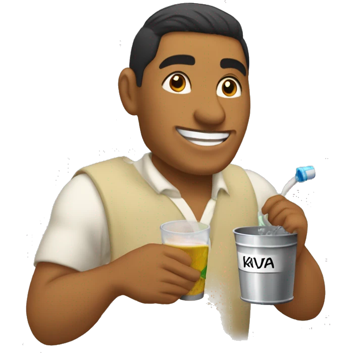 A tongan man with a name tag that says Tavake and he is drinking a bucket of kava emoji