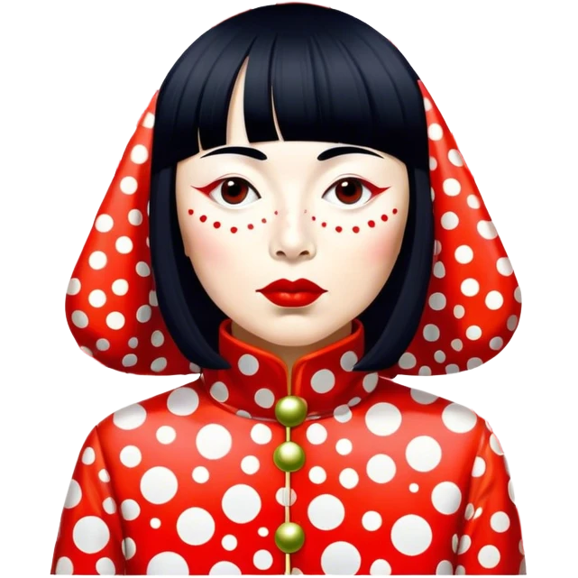 Yayoi Kusama – Cinematic Realistic Portrait of old Japanese artist Yayoi Kusama, depicted as an avant-garde artist with an eccentric, captivating expression surrounded by her iconic polka dot patterns, rendered with vivid textures and imaginative lighting that evokes her unique, surreal creative world. emoji