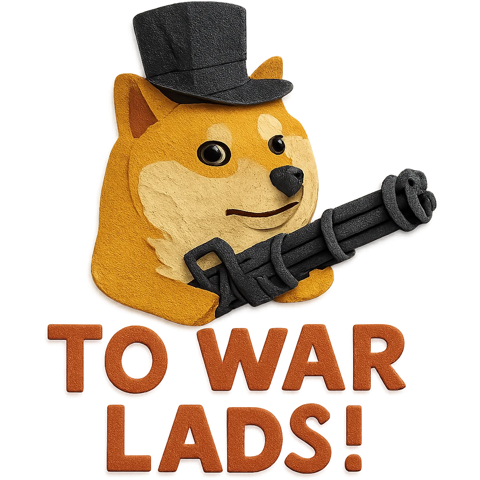 doge with a tophat and minigun, paper craft style, 'TO WAR LADS!' cutout letters emoji