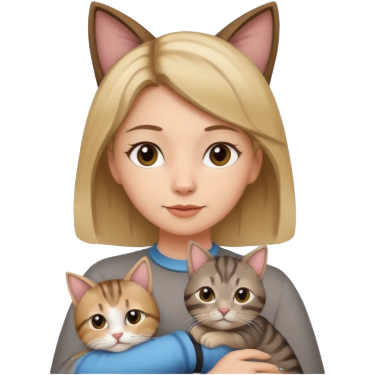 Une femme avec les cheveux dégradée, brun et blond, qui fait un câlin à son chat gris, tigré avec les extrémités que pattes et pointe d’oreilles noires et le dessous du menton blanc emoji