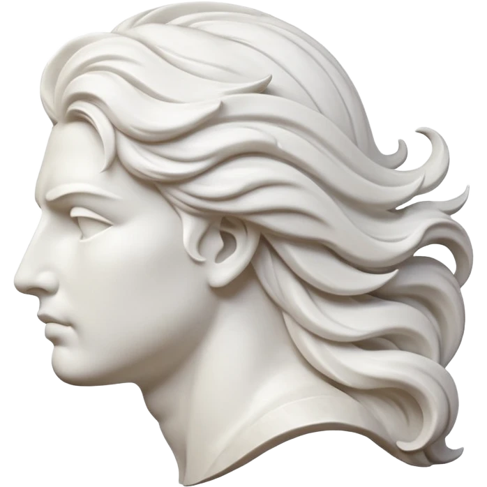 Create a stylized illustration of a classical face carved in white marble, shown in profile, gently blowing wind.  emoji