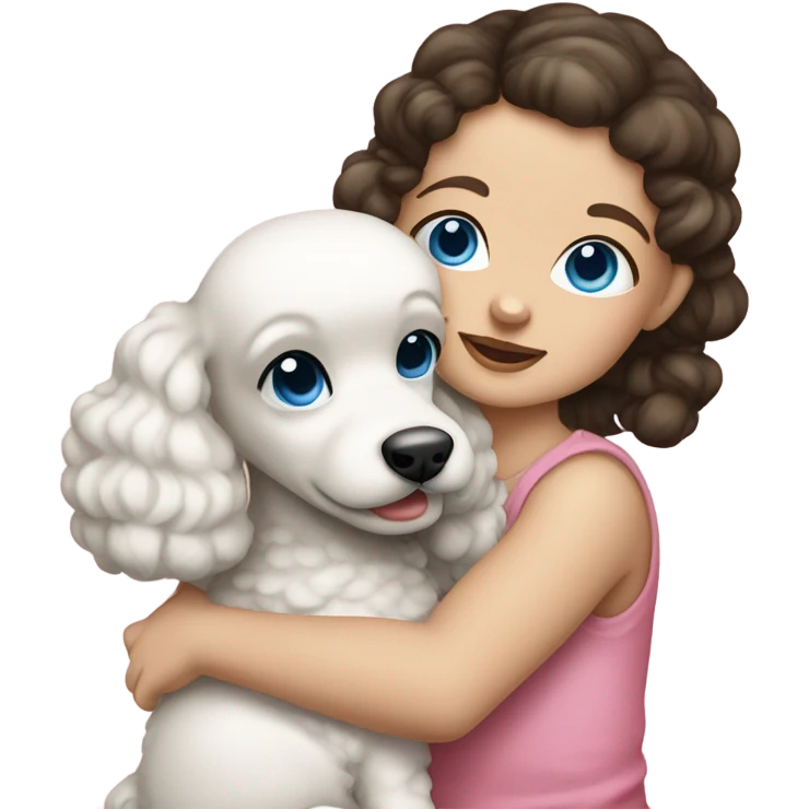 Brunette baby girl with blue eyes, wearing pigtails hugging a baby poodle emoji