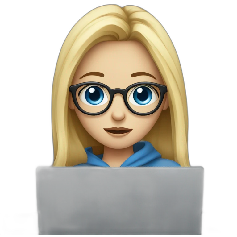 a blue-eyed girl with glasses and a laptop having a bad cold emoji
