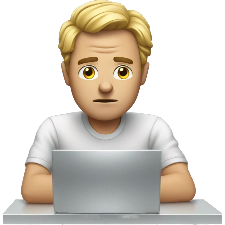 A guy working hard at his computer, while also looking mad emoji