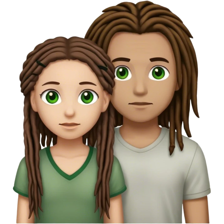 couple standing next to eachother. boy light skinned, brown dreads, and green eyes. girl light skinned, black straight hair, and brown eyes emoji
