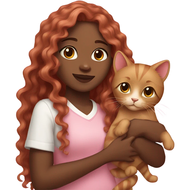 African-American girl with long pink wavy hair, fair skin, holding a brown cat emoji