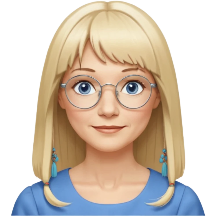 50 yr old white woman, hippie parted very long hair, short bangs, very long straight blond hair, oval face, small smile, blue eyes, thin face, hair downback, hair parted at center of head, round cheeks, pale, longer hair, business dress, long hair, big square glasses, long hair emoji