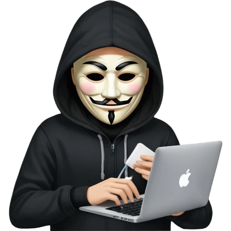 guy fawkes mask black hoodie typing on macbook emoji