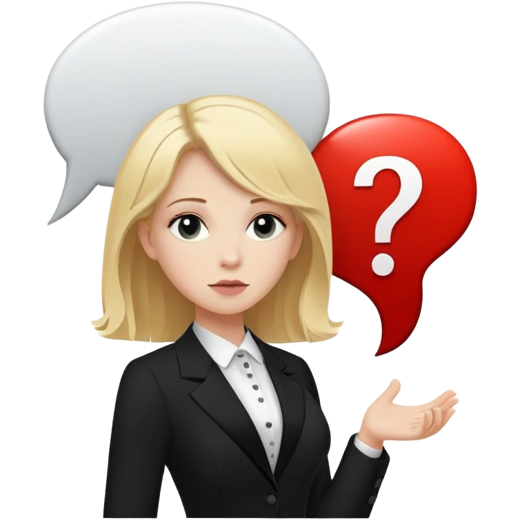 blonde haired white woman in a black formal suit with a white speech bubble containing a black question mark next to her head emoji