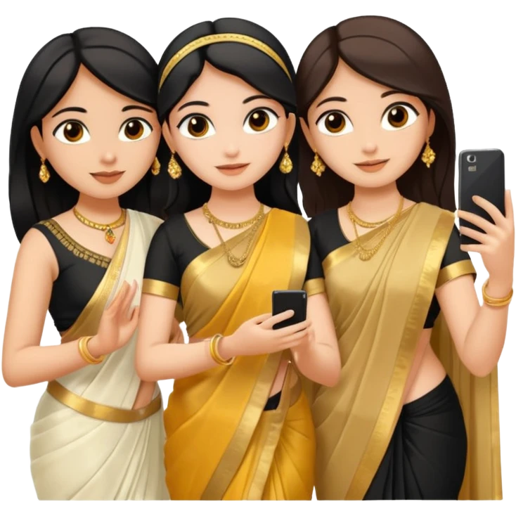 Three girls taking selfie one is wearing white saree second is wearing golden saree and the third is wearing black saree emoji