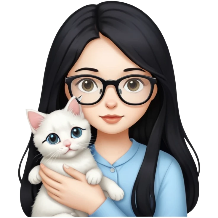 Beautiful girl with long black hair and glasses holding a white kitten emoji