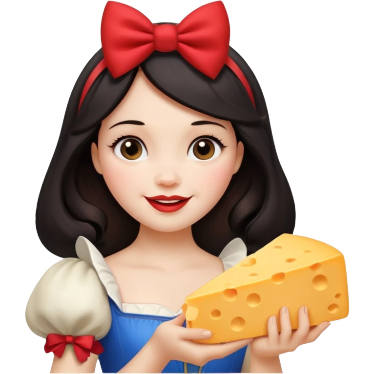 Happy Disney Snow White with red bow in hair and holding triangle wedge of cheese emoji