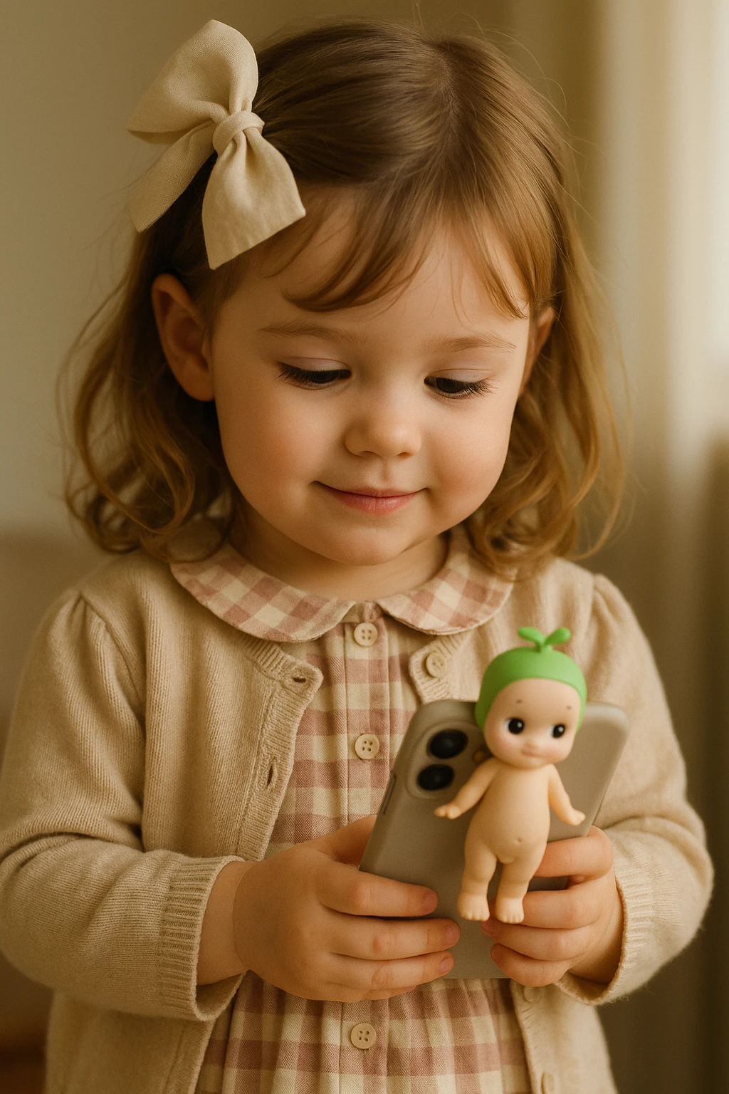 realistic image of a sweet girl with a bow, adorable outfit, and a phone with a Sonny Angel attached to it emoji