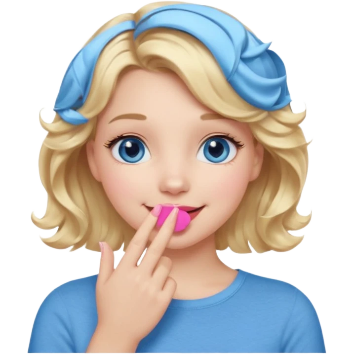 Girl Blonde short wavy hair,  blue eyes, cute blue top, long lashes, pink lips, smiling, hand covering the mouth emoji