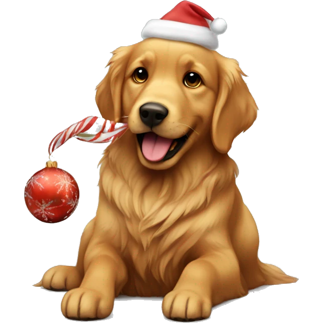 dark brown golden retriever playing with a christmas toy emoji