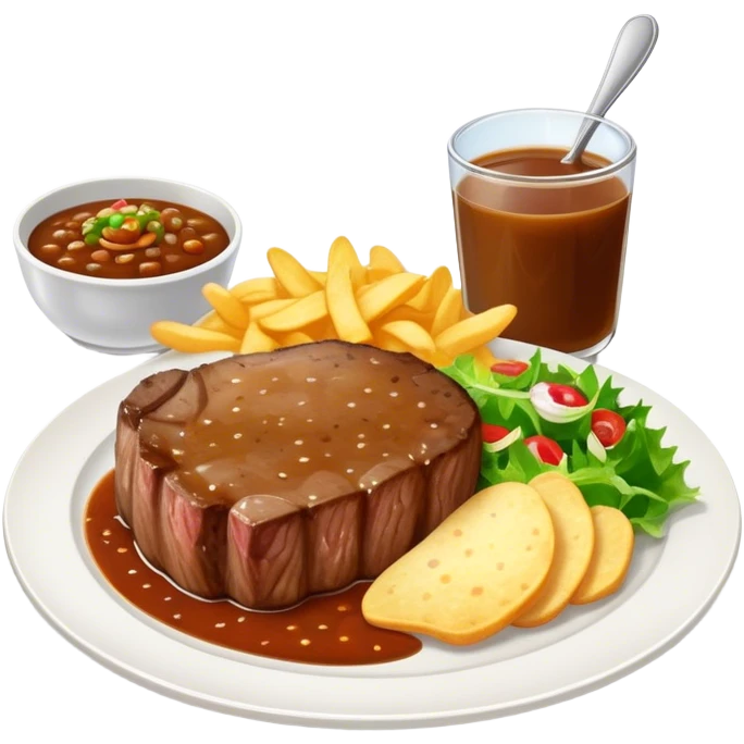 big juicy australian steak meal featuring chips, small salad in a ramikan and gravy in a small bowl on the plate emoji