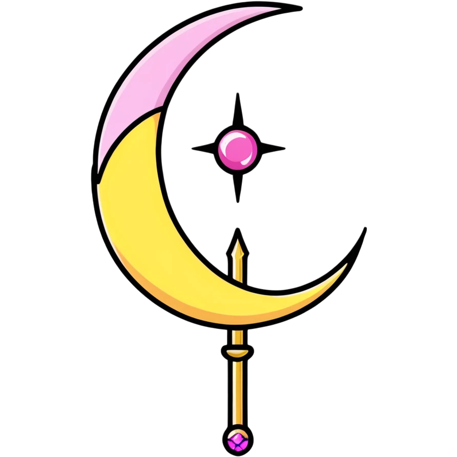 Sailor Moon's Moon Stick magical wand with a golden crescent moon and pink gem, magical anime style emoji