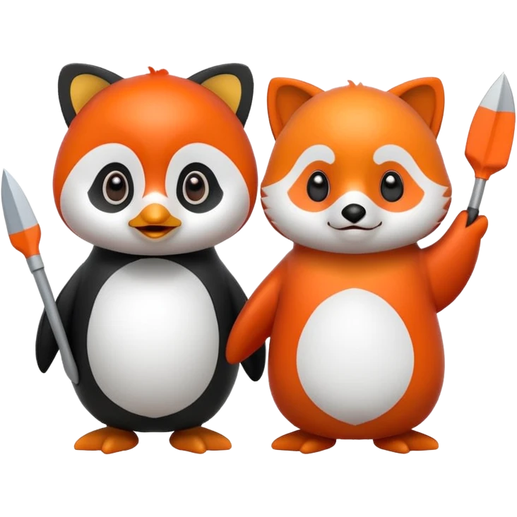 A cartoon  cute cartoon penguin. Next to it is a cartoon red panda holding its flipper  emoji