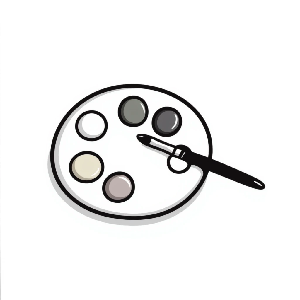 An artist's paint palette with thumb hole and paint colors in pastel colors (dd9fb0, ffc6d3, a3bfc9, c4bee2, f1b091), hand-drawn doodle style emoji